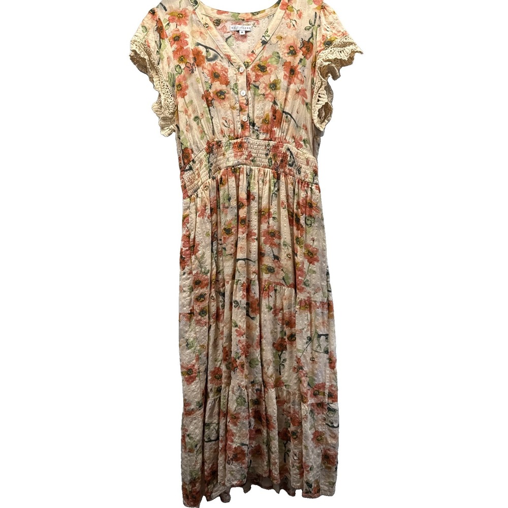 BalticBorn Womens Midi Dress Size Medium Ivory Orange Floral Smocked Waist Lined